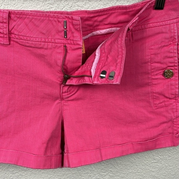 Tory Burch Mid Rise Cuffed Chino Jean Shorts Pink Gold Tone Medallion Buttons 30 - Picture 2 of 9